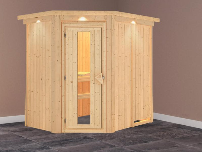 Karibu Sauna Carin ohne Ofen, mit Dachkranz, mit energiesparender Saunatür