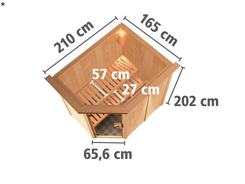 Karibu Sauna Carin ohne Ofen, mit Dachkranz, mit energiesparender Saunatür