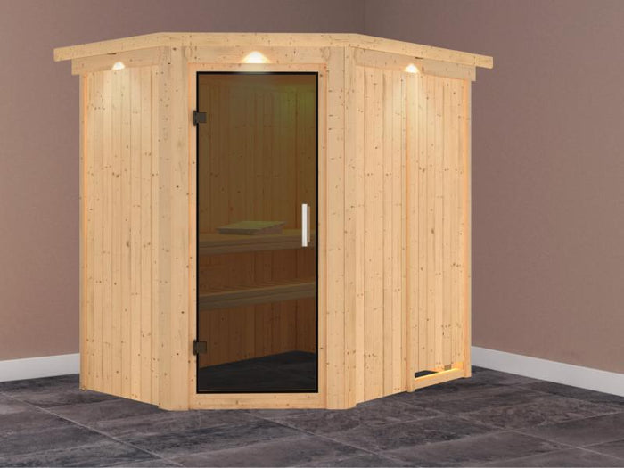Karibu Sauna Carin ohne Ofen, mit Dachkranz, mit moderner Saunatür
