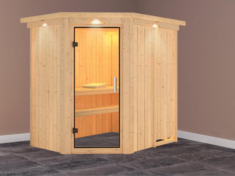 Karibu Sauna Carin ohne Ofen, mit Dachkranz, mit Klarglas Ganzglastür