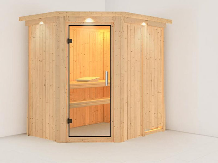 Karibu Sauna Carin ohne Ofen, mit Dachkranz, mit Klarglas Ganzglastür