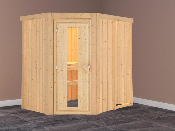 Karibu Sauna Carin ohne Ofen, ohne Dachkranz, mit energiesparender Saunatür