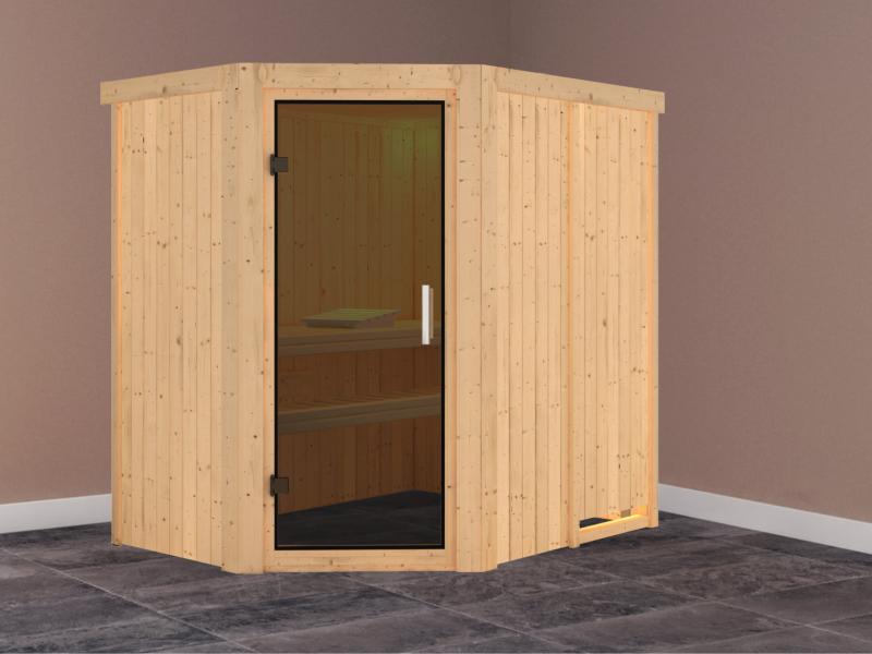 Karibu Sauna Carin ohne Ofen, ohne Dachkranz, mit moderner Saunatür