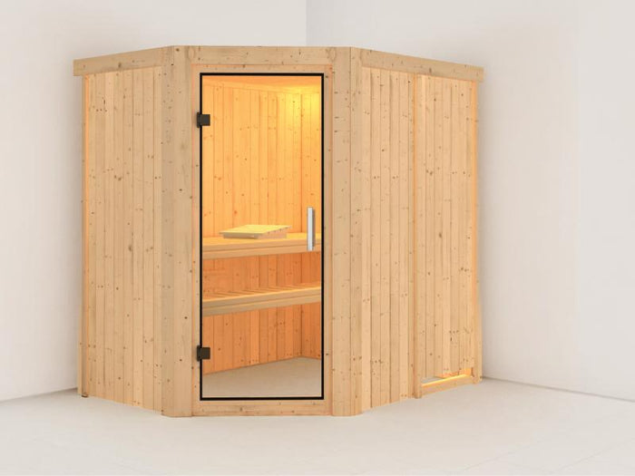 Karibu Sauna Carin ohne Ofen, ohne Dachkranz, mit Klarglas Ganzglastür