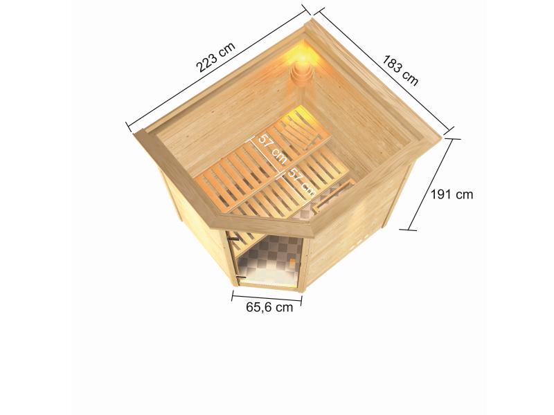 Karibu Sauna Elea inkl. 9 kW Bioofen ext. Steuerung mit klassischer Saunatür -mit Dachkranz-