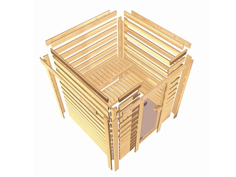 Karibu Sauna Elea inkl. 9 kW Ofen integr. Steuerung mit klassischer Saunatür -mit Dachkranz-