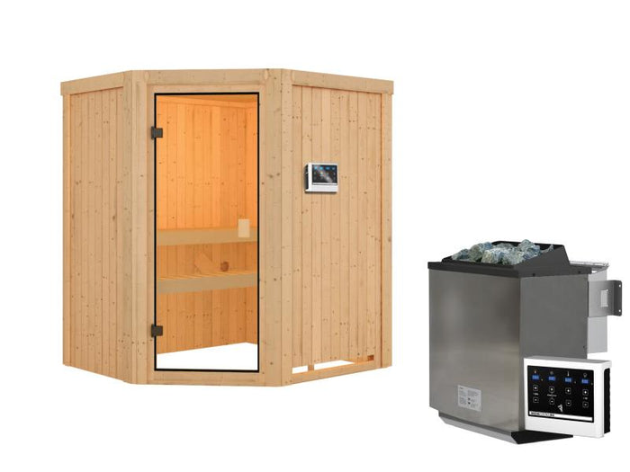 Karibu Sauna Faurin inkl. 9 kW Bioofen ext. Steuerung mit klassischer Saunatür -ohne Dachkranz-