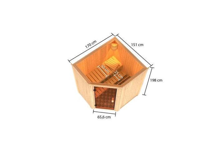 Karibu Sauna Faurin inkl. 9 kW Bioofen ext. Steuerung mit klassischer Saunatür -ohne Dachkranz-