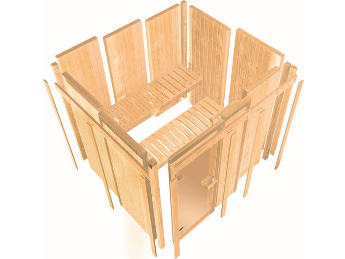 Karibu Sauna Faurin inkl. 9 kW Ofen ext. Steuerung mit klassischer Saunatür -ohne Dachkranz-