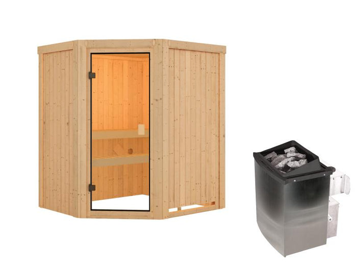 Karibu Sauna Faurin inkl. 9 kW Ofen integr. Steuerung mit klassischer Saunatür -ohne Dachkranz-