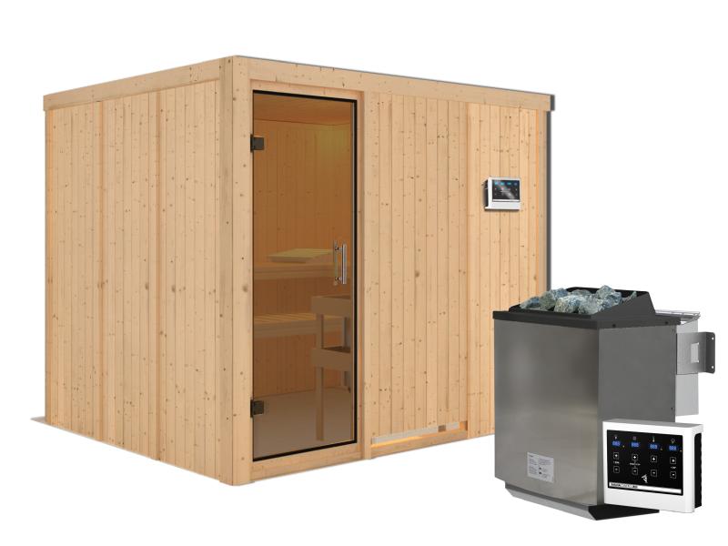 Karibu Sauna Gobin inkl. 9-kW-Bioofen mit externer Steuerung, ohne Dachkranz, mit moderner Saunatür