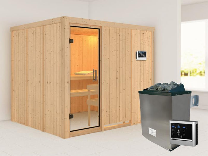 Karibu Sauna Gobin inkl. 9 kW Ofen mit ext. Steuerung, ohne Dachkranz, mit Klarglas Ganzglastür