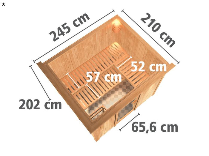 Karibu Sauna Gobin inkl. 9 kW Ofen mit ext. Steuerung, mit Dachkranz, mit Klarglas Ganzglastür