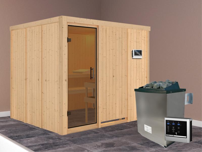 Karibu Sauna Gobin inkl. 9-kW-Ofen mit externer Steuerung, ohne Dachkranz, mit moderner Saunatür