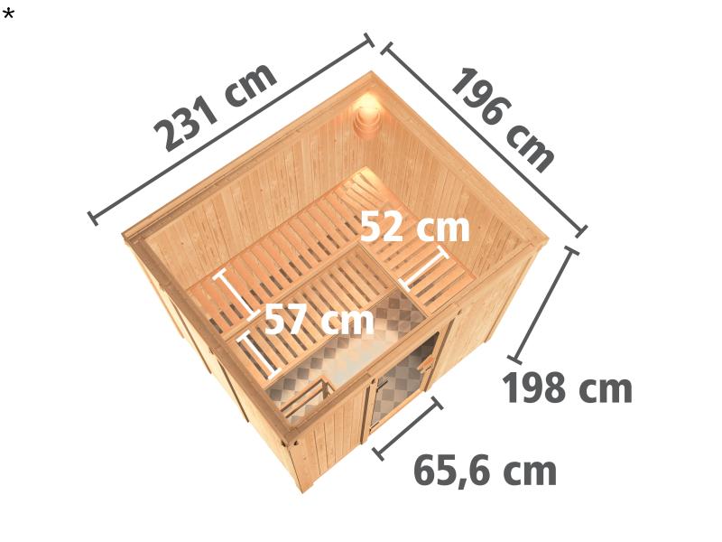 Karibu Sauna Gobin inkl. 9-kW-Ofen mit externer Steuerung, ohne Dachkranz, mit moderner Saunatür