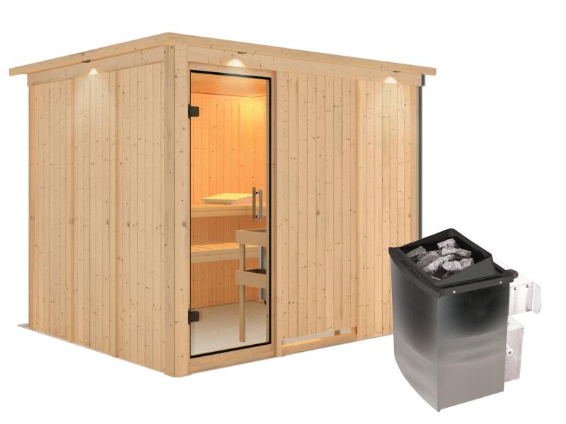 Karibu Sauna Gobin inkl. 9 kW Ofen mit int. Steuerung, mit Dachkranz, mit Klarglas Ganzglastür