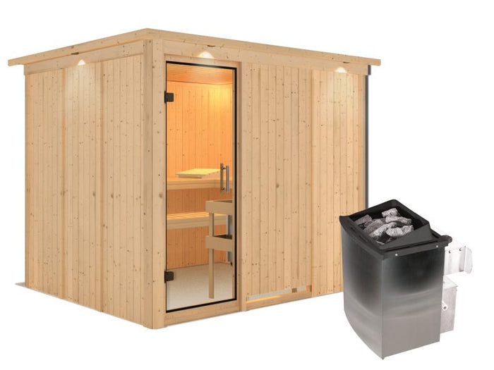 Karibu Sauna Gobin inkl. 9 kW Ofen mit int. Steuerung, mit Dachkranz, mit Klarglas Ganzglastür