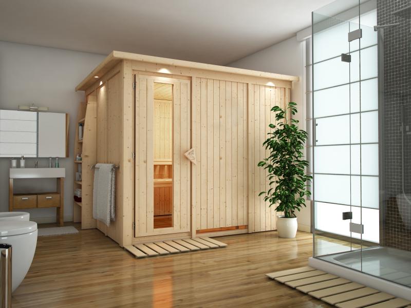 Karibu Sauna Gobin ohne Ofen, mit Dachkranz, mit energiesparender Saunatür