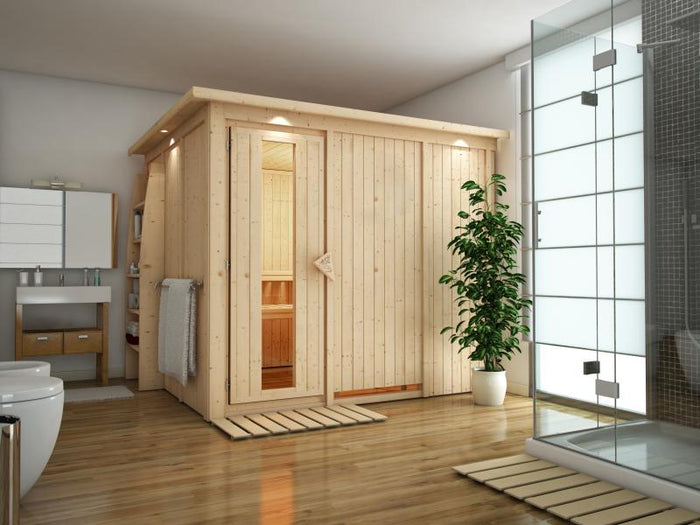 Karibu Sauna Gobin ohne Ofen, mit Dachkranz, mit energiesparender Saunatür