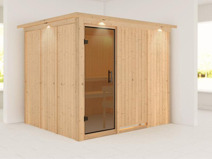 Karibu Sauna Gobin ohne Ofen, mit Dachkranz, mit moderner Saunatür