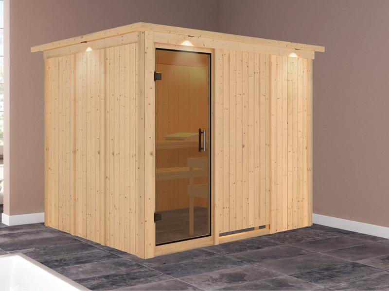 Karibu Sauna Gobin ohne Ofen, mit Dachkranz, mit moderner Saunatür