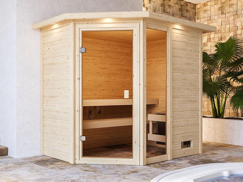 Karibu Sauna Jada mit 9 kW Ofen integr. Strg und Dachkranz 38 mm