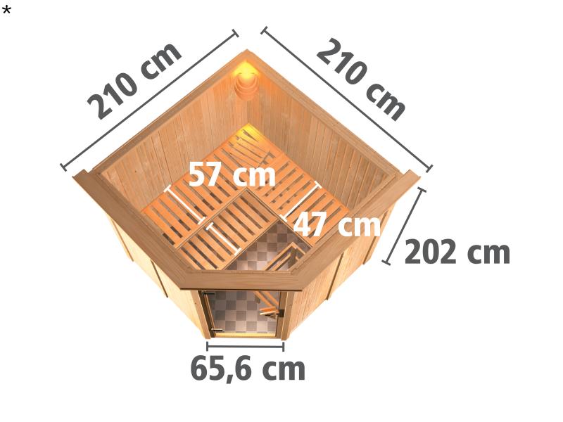 Karibu Sauna Jarin inkl. 9 kW Bio Ofen mit ext. Steuerung, mit Dachkranz, mit Ganzglas Klarglastür