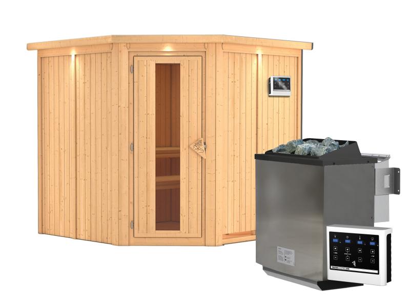 Karibu Sauna Jarin inkl. 9-kW-Bioofen mit externer Steuerung, mit Dachkranz, mit energiesparender Sa