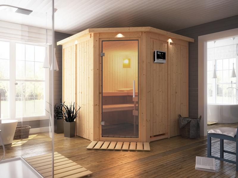 Karibu Sauna Jarin inkl. 9 kW Ofen mit ext. Steuerung, mit Dachkranz, mit Ganzglas Klarglastür