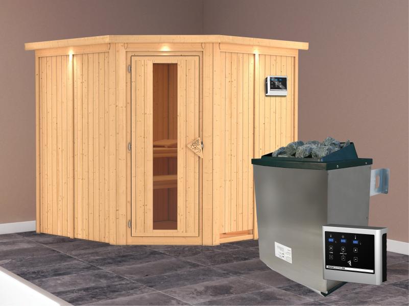 Karibu Sauna Jarin inkl. 9-kW-Ofen mit externer Steuerung, mit Dachkranz, mit energiesparender Sauna