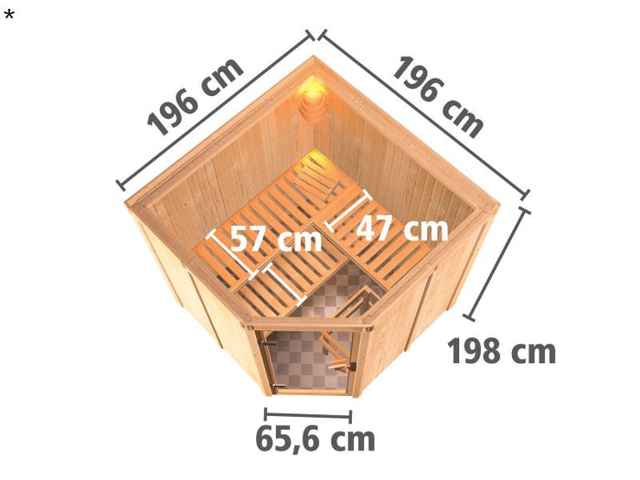 Karibu Sauna Jarin inkl. 9-kW-Ofen mit externer Steuerung, ohne Dachkranz, mit moderner Saunatür