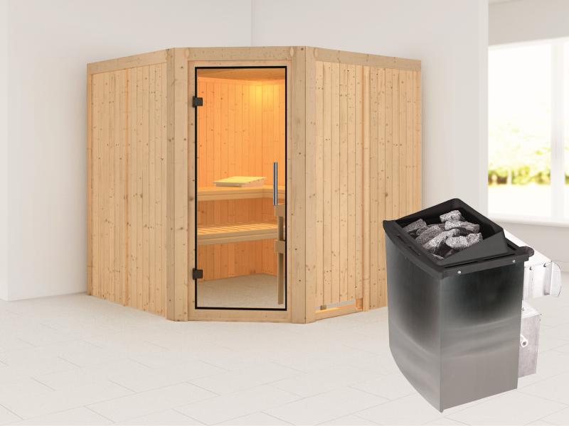 Karibu Sauna Jarin inkl. 9 kW Ofen mit int. Steuerung, ohne Dachkranz, mit Ganzglas Klarglastür