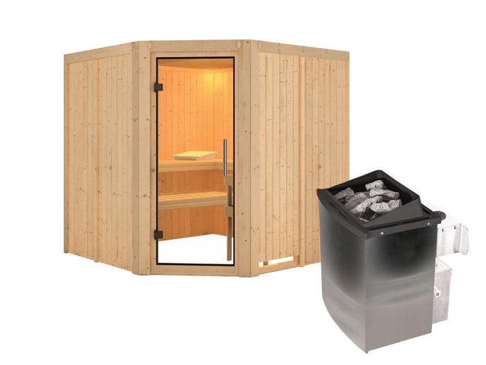 Karibu Sauna Jarin inkl. 9 kW Ofen mit int. Steuerung, ohne Dachkranz, mit Ganzglas Klarglastür
