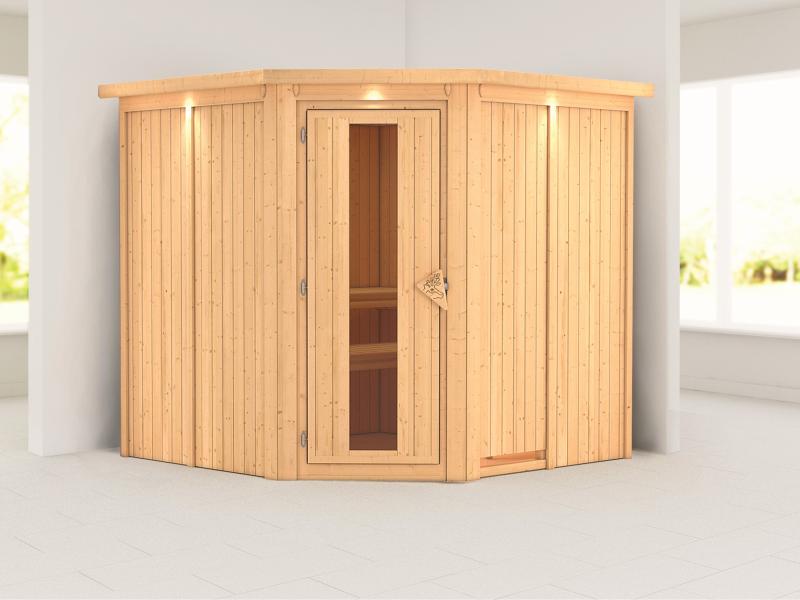 Karibu Sauna Jarin ohne Ofen, mit Dachkranz, mit energiesparender Saunatür