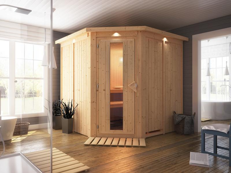 Karibu Sauna Jarin ohne Ofen, mit Dachkranz, mit energiesparender Saunatür
