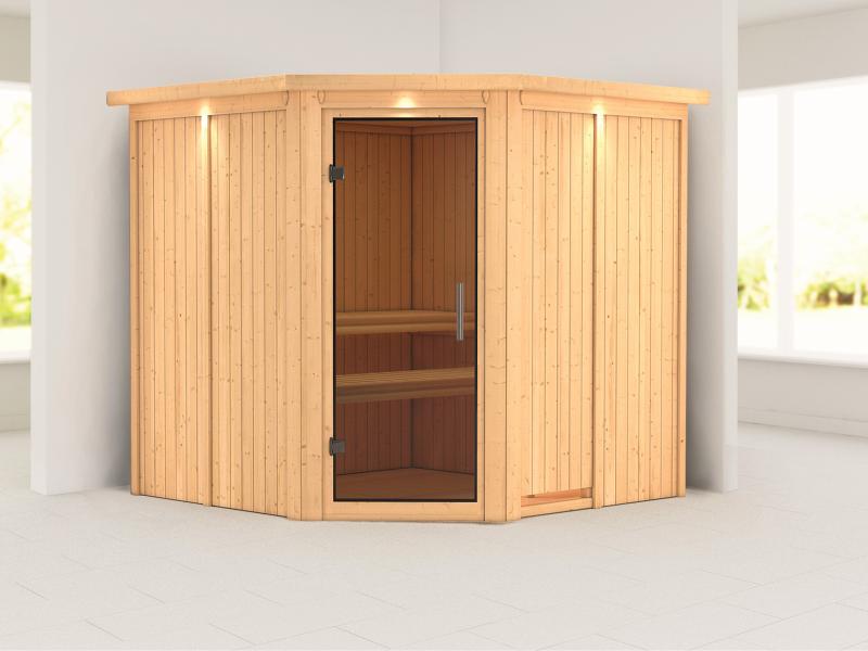 Karibu Sauna Jarin ohne Ofen, mit Dachkranz, mit moderner Saunatür