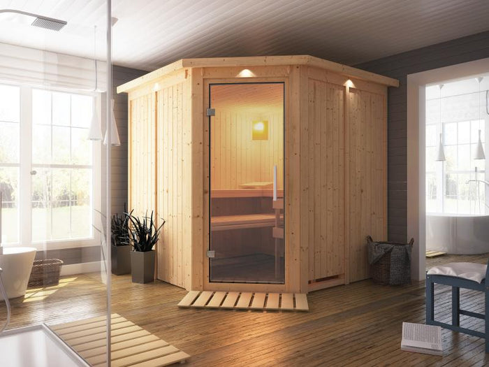 Karibu Sauna Jarin ohne Ofen, mit Dachkranz, mit Ganzglas Klarglastür