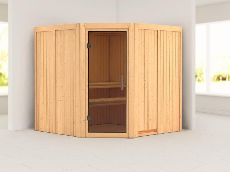 Karibu Sauna Jarin ohne Ofen, ohne Dachkranz, mit moderner Saunatür