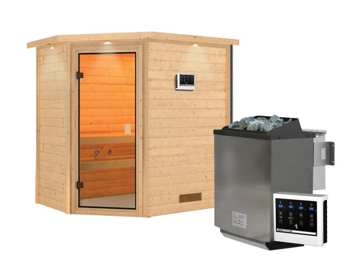 Karibu Sauna Jella inkl. 9 kW Bioofen ext. Steuerung mit klassischer Saunatür -mit Dachkranz-