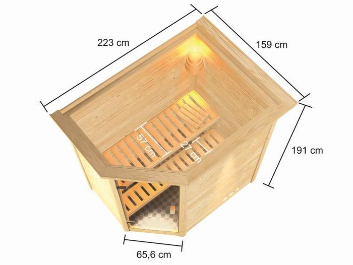 Karibu Sauna Jella inkl. 9 kW Ofen ext. Steuerung mit klassischer Saunatür -mit Dachkranz-