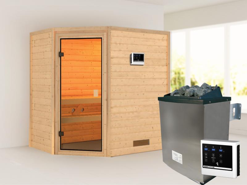 Karibu Sauna Jella inkl. 9 kW Ofen ext. Steuerung, mit klassischer Saunatür -ohne Dachkranz-