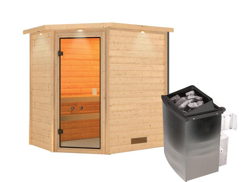 Karibu Sauna Jella inkl. 9 kW Ofen integr. Steuerung mit klassischer Saunatür -mit Dachkranz-
