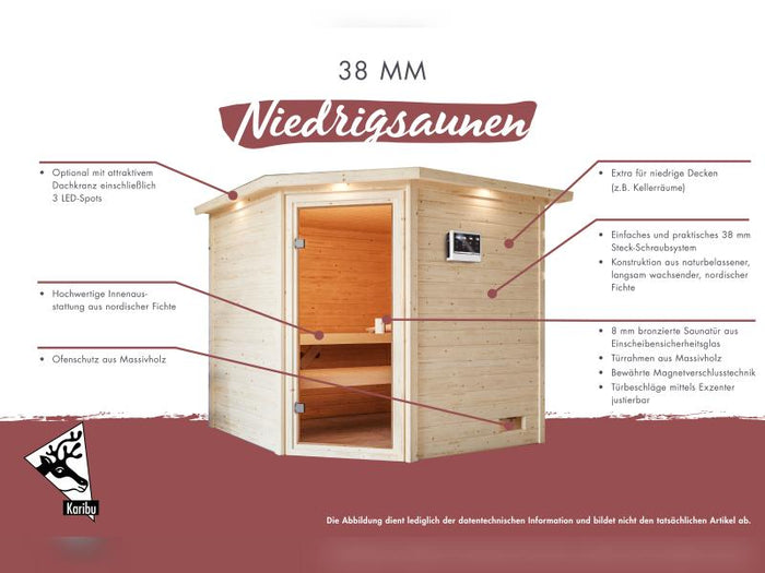 Karibu Sauna Jella inkl. 9 kW Ofen integr. Steuerung mit klassischer Saunatür -mit Dachkranz-