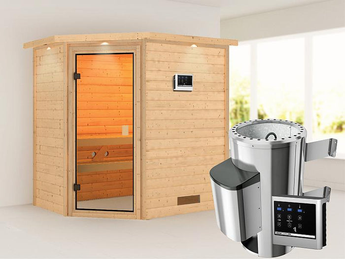Karibu Sauna Jella mit 3,6 kW Ofen ext. Strg und Dachkranz 38 mm