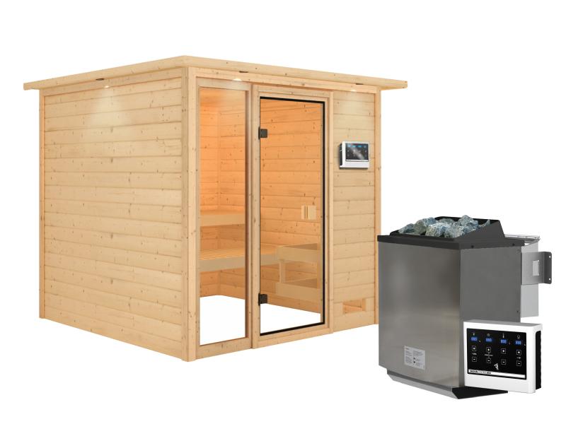 Karibu Sauna Jutta mit 9 kW Bioofen ext. Strg und Dachkranz 38 mm