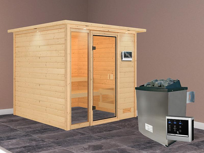 Karibu Sauna Jutta mit 9 kW Ofen ext. Strg und Dachkranz 38 mm