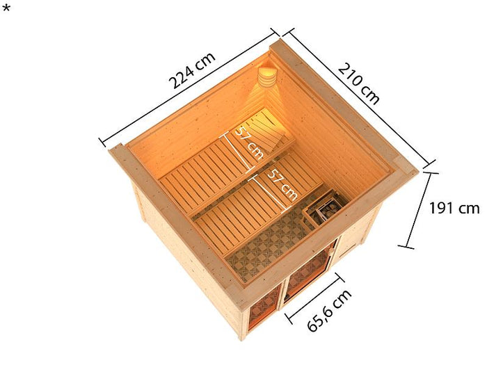 Karibu Sauna Jutta mit 9 kW Ofen ext. Strg und Dachkranz 38 mm