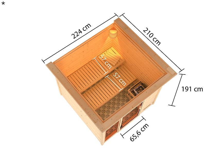Karibu Sauna Jutta mit 9 kW Ofen integr. Strg und Dachkranz 38 mm