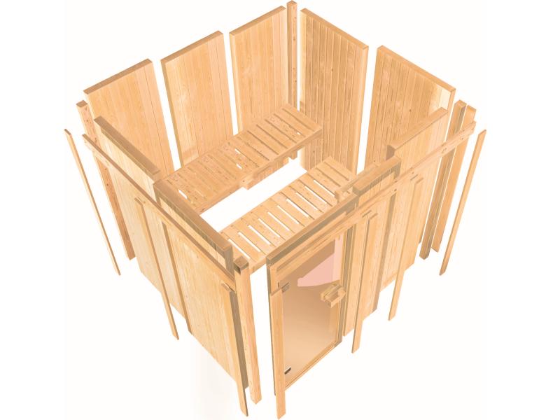 Karibu Sauna Larin inkl. 9 kW Bioofen externe Steuerung, mit bronzierter Ganzglastür - ohne Dachkran