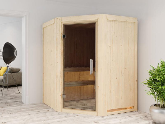 Karibu Sauna Larin inkl. 9 kW Bioofen externe Steuerung, mit moderner Saunatür - ohne Dachkranz -